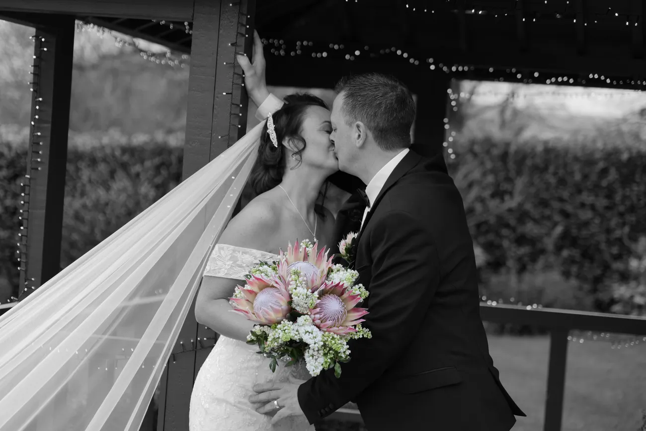 Black and white wedding kiss under a gazebo with veil flowing
